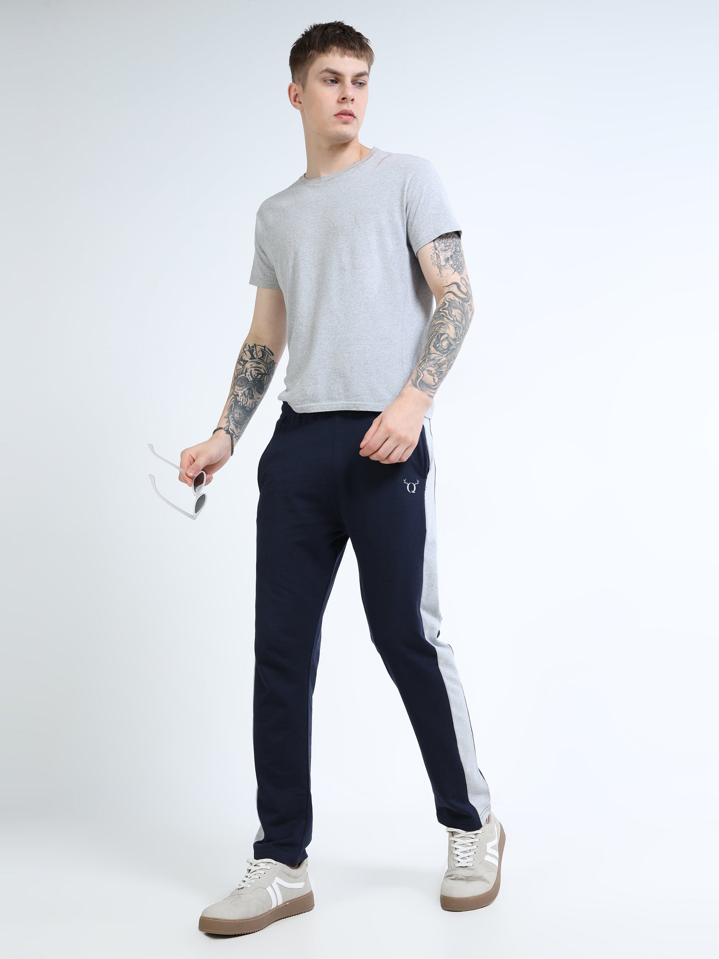 Men’s Navy Blue Cotton Blend Trackpant with Grey Side Panel | Regular Track Pants for Casual & Gym Wear
