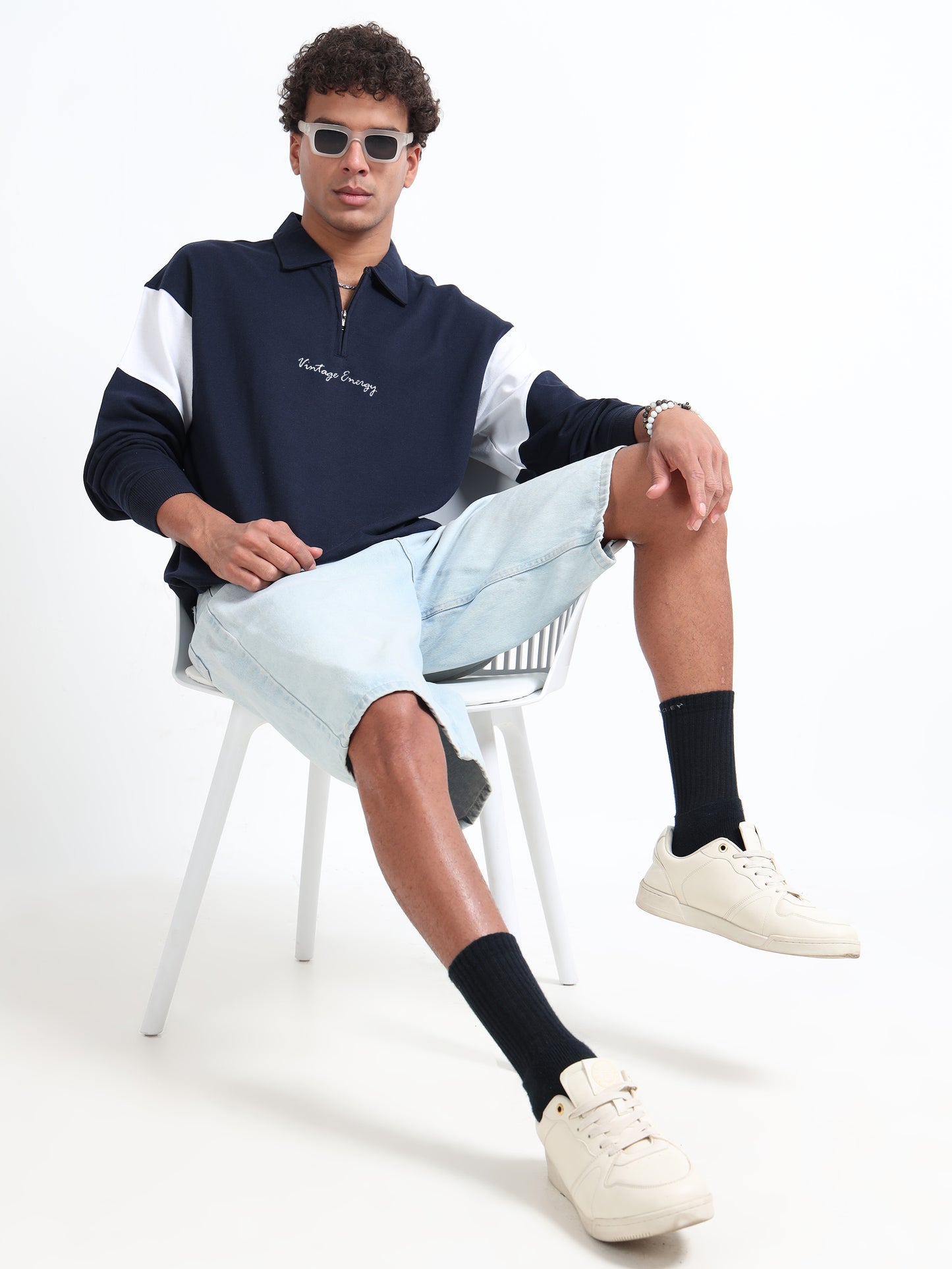 Men’s Navy Blue Half-Zip Sweatshirt | Vintage Energy Printed Oversized Pullover