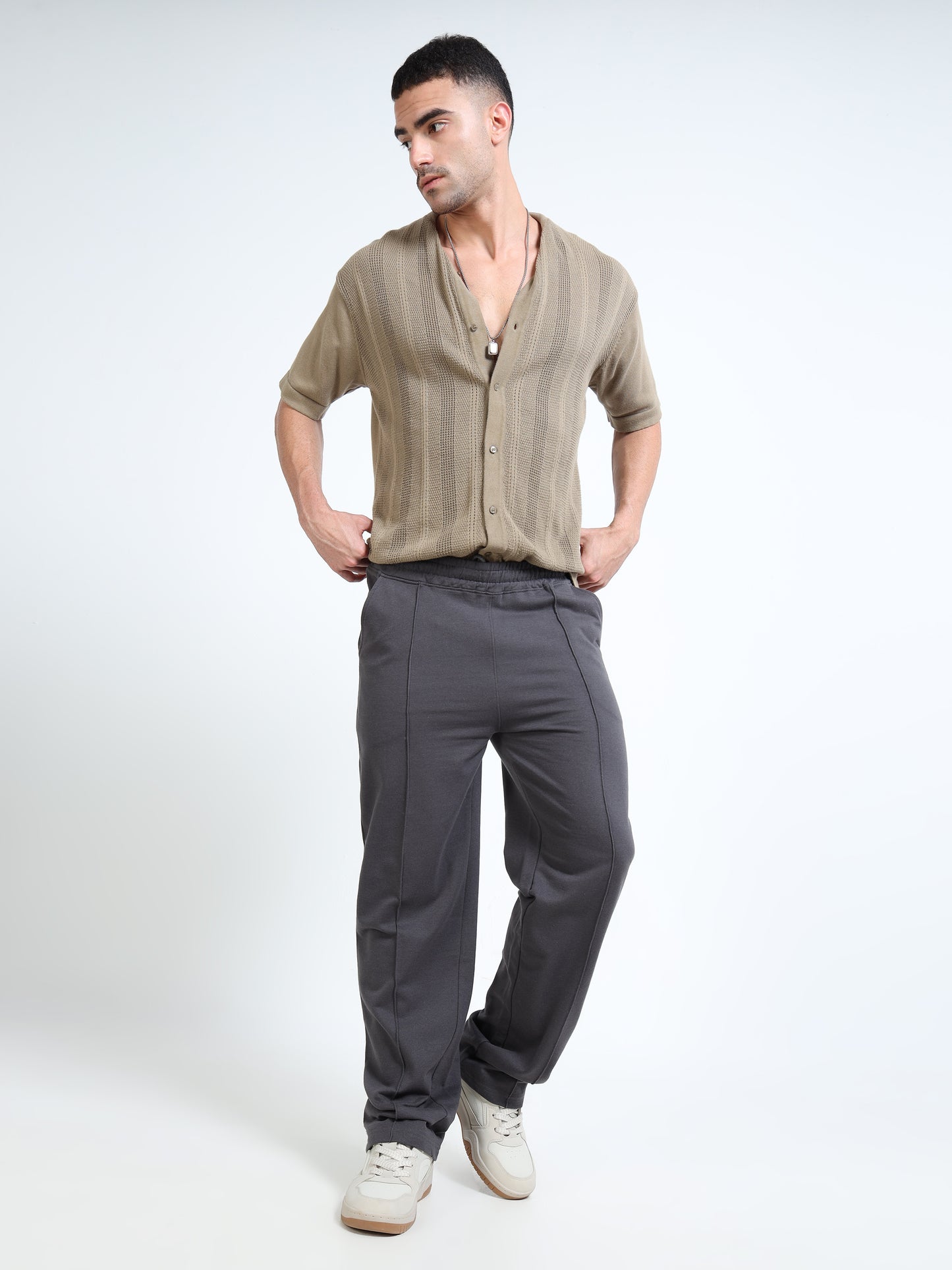 Premium Steel Grey Printed Track Pants for Men | Slip-On Closure | Cotton Blend