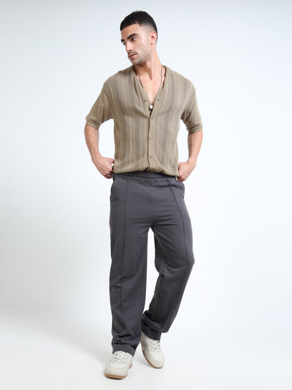 Premium Steel Grey Printed Track Pants for Men | Slip-On Closure | Cotton Blend