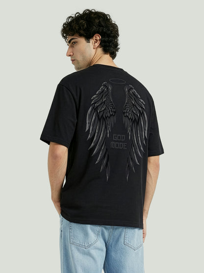 Men’s Black Oversized T-Shirt with Angel Wings Print | God Mode Back Graphic Tee