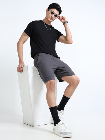 Men’s Steel Grey Contrast Piping Casual Shorts | Premium Cotton Blend Regular Fit Comfortable Summer Shorts