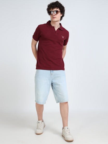 Men’s Maroon Cotton Blend Polo T-Shirt with Minimal Chest Logo | Regular Fit Casual Tee