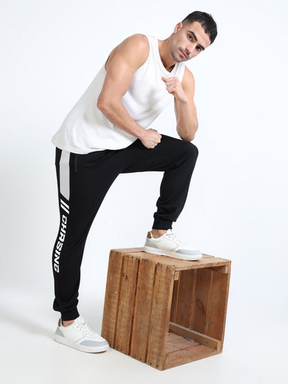 Men’s Black Printed Regular Fit Joggers | Mid-Rise | Zip Pocket | Elasticated Waist