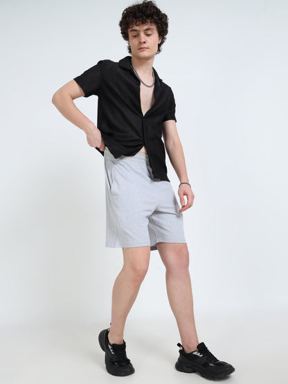 Men’s Grey Melange Cotton Blend Shorts with Minimal Logo | Regular Fit Casual & Athleisure Shorts