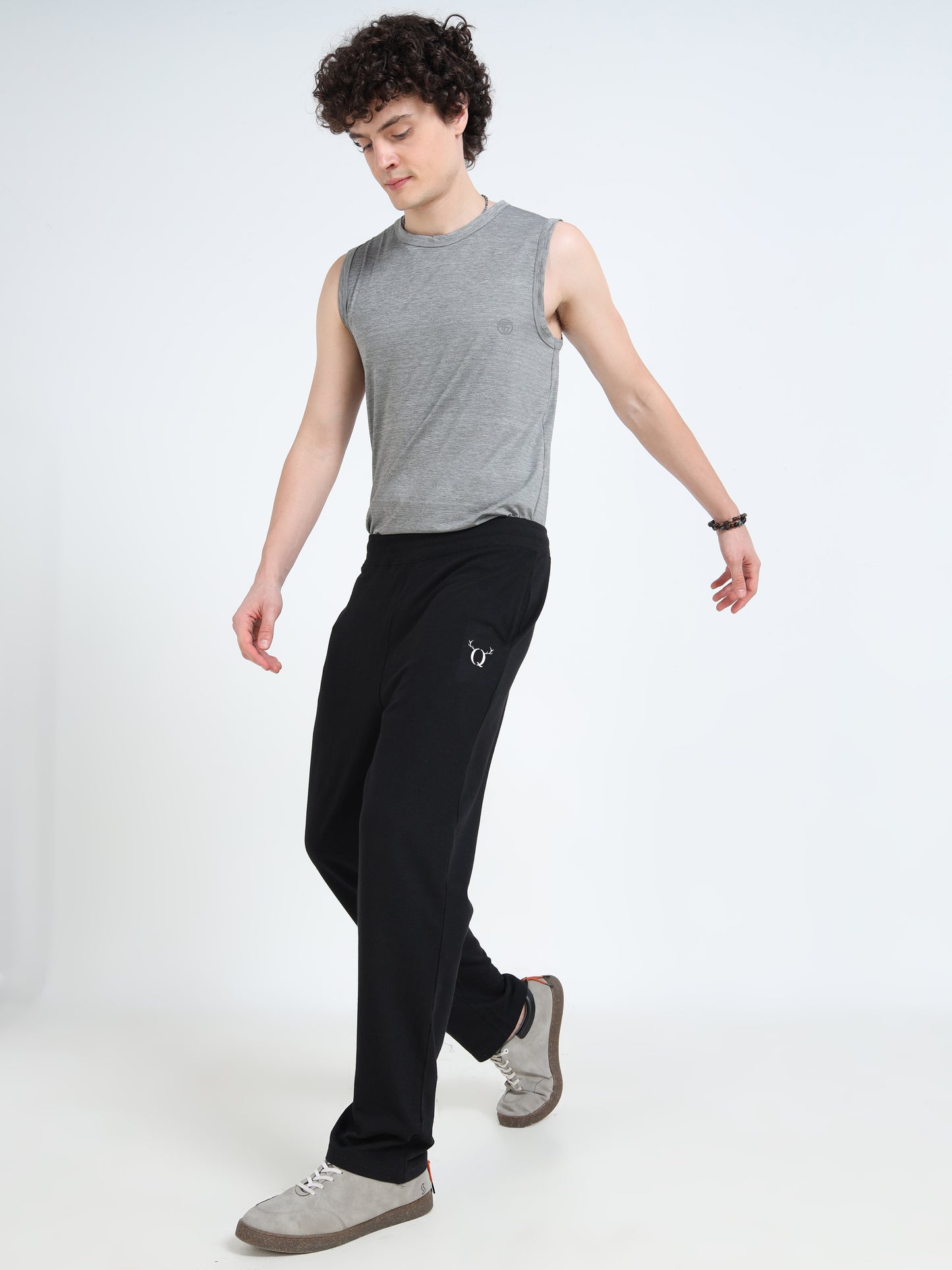 Men’s Black Cotton Blend Track Pants with Minimal Logo | Relaxed Fit Casual Track Pants