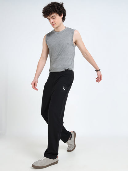 Men’s Black Cotton Blend Track Pants with Minimal Logo | Relaxed Fit Casual Track Pants