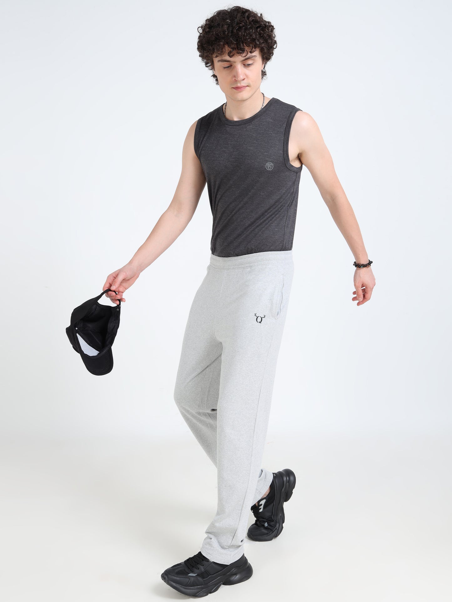 Men’s Grey Melange Cotton Blend Track Pants with Minimal Logo | Relaxed Fit Casual Track Pants