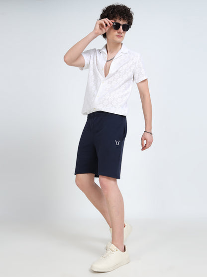 Men’s Navy Cotton Blend Shorts with Minimal Logo | Regular Fit Casual & Athleisure Shorts