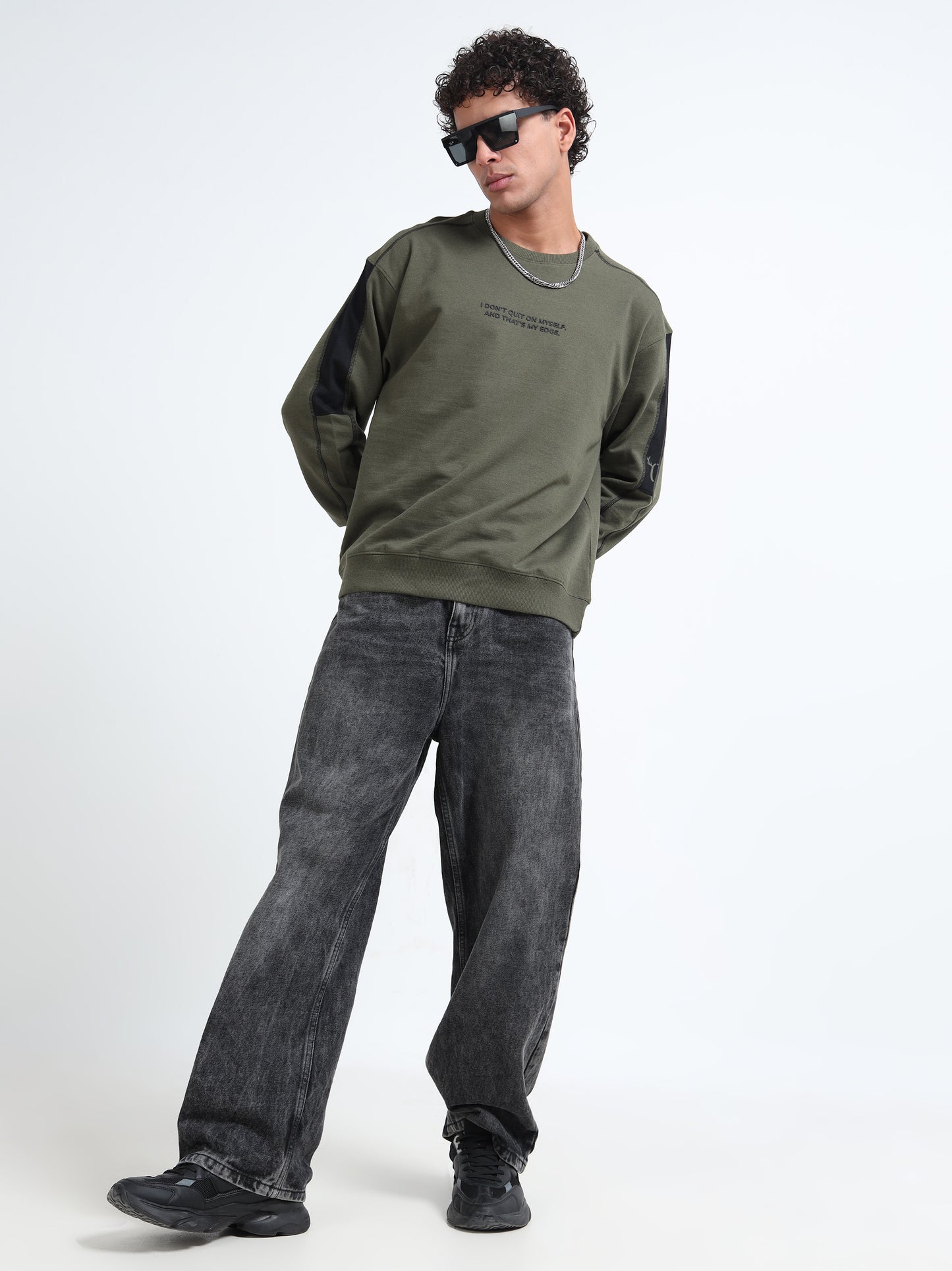 Men’s Olive Green Oversized Sweatshirt | Motivational Printed Round neck Pullover