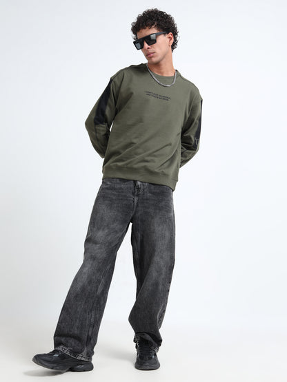 Men’s Olive Green Oversized Sweatshirt | Motivational Printed Round neck Pullover
