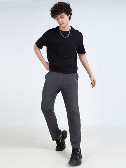 Men’s Steel Grey Cotton Blend Track Pants with Minimal Logo | Relaxed Fit Casual Track Pants