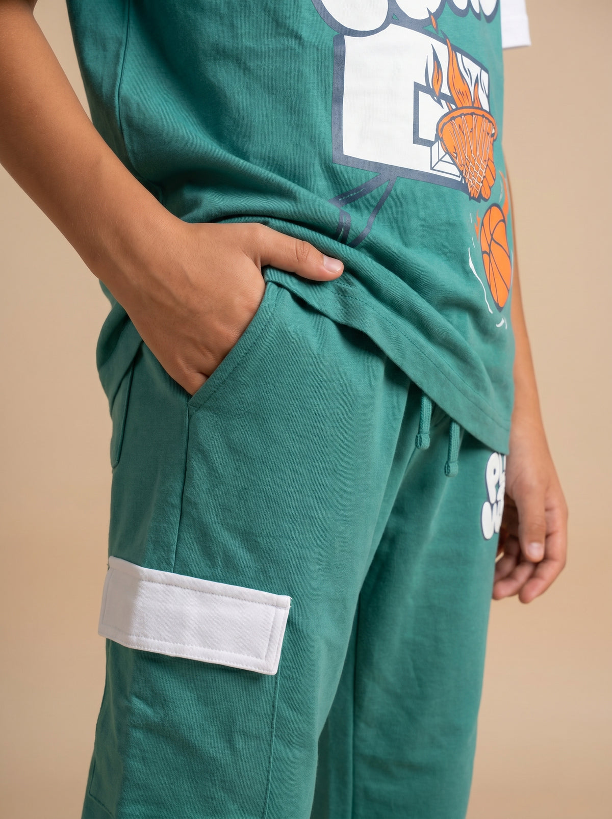 Kids' Dark MInt "PLAY TO WIN" Basketball Graphic T-Shirt and Track Pants Set