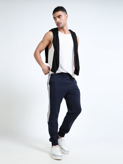 Men’s Navy Blue Regular Fit Joggers | Mid-Rise | Printed Details | Elasticated Waist
