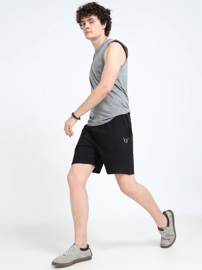 Men’s Black Cotton Blend Shorts with Minimal Logo | Regular Fit Casual & Athleisure Shorts