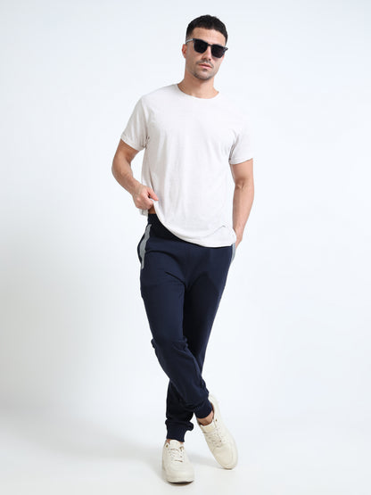 Stylish Men’s Navy Blue Joggers | Printed Design | Mid-Rise | Casual & Gym