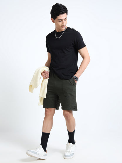 Men's Olive Green Raw Edged Casual Shorts | Premium Cotton Blend Regular Fit Comfortable Summer Shorts