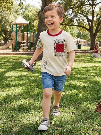 Boys Cartoon Patch Pocket T-Shirt – Colorblock Short Sleeve Graphic Tee