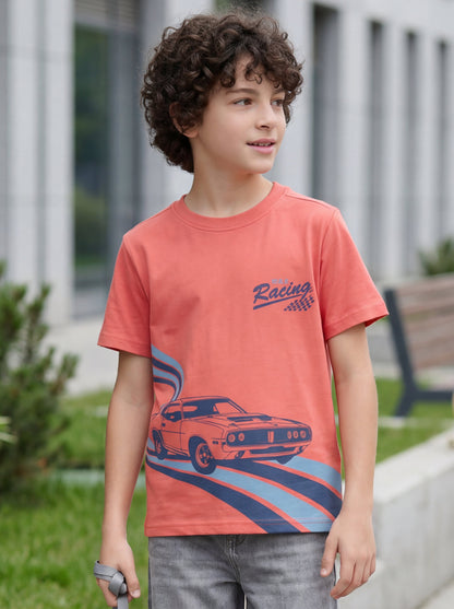 Boys' Coral Red Graphic Printed T-Shirt | Racing Car Design