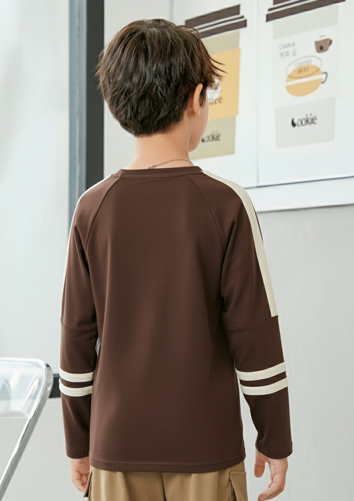 Boys Brown Graphic Print Long Sleeve T-Shirt with Contrast Sleeve Panels