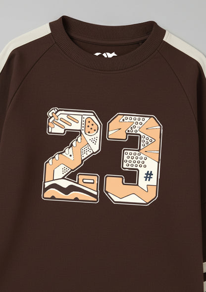 Boys Brown Graphic Print Long Sleeve T-Shirt with Contrast Sleeve Panels