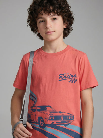Boys' Coral Red Graphic Printed T-Shirt | Racing Car Design