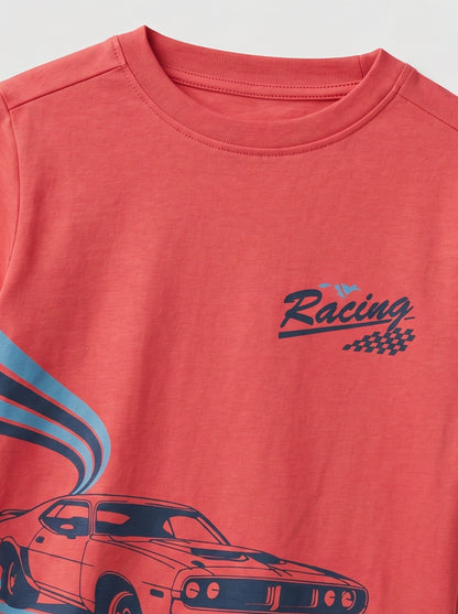 Boys' Coral Red Graphic Printed T-Shirt | Racing Car Design