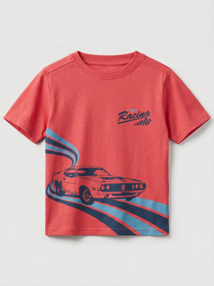 Boys' Coral Red Graphic Printed T-Shirt | Racing Car Design