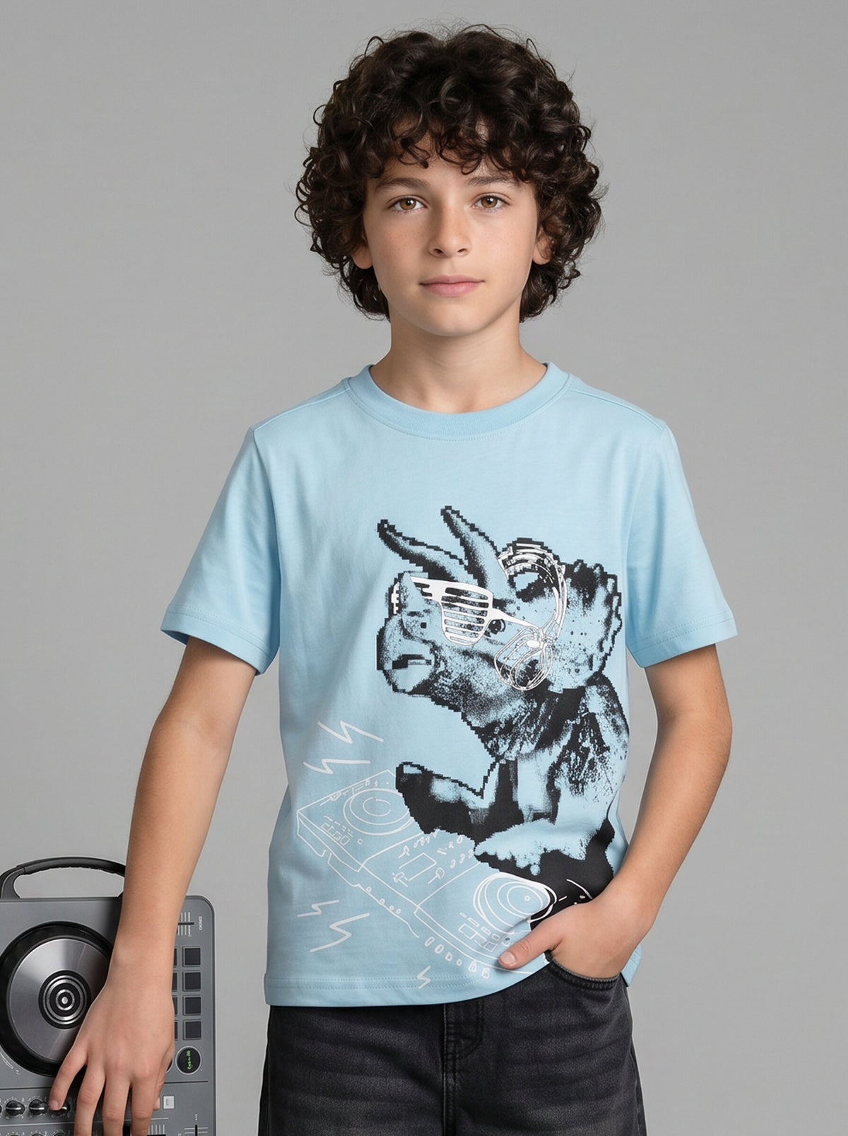 Kids' Light Blue Graphic Print T-Shirt | DJ Character Design