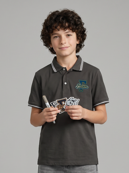 Boys' Charcoal Grey Polo T-Shirt | Contrast Stripe Collar & Chest Graphic