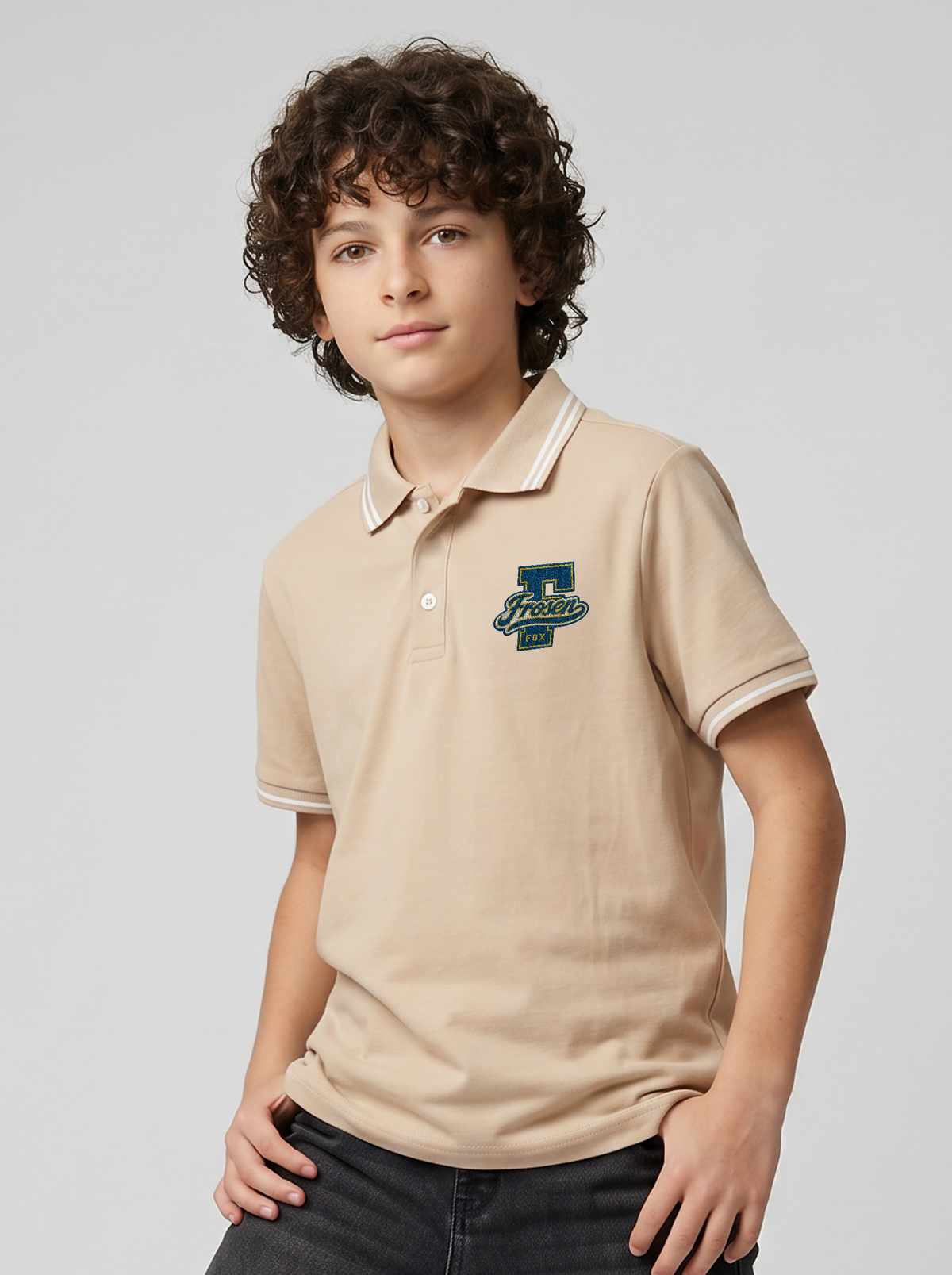 Boys' Beige Polo T-Shirt | Contrast Stripe Collar & Chest Graphic