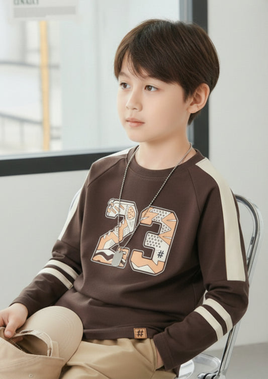 Boys Brown Graphic Print Long Sleeve T-Shirt with Contrast Sleeve Panels