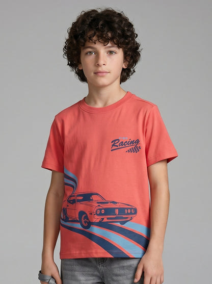 Boys' Coral Red Graphic Printed T-Shirt | Racing Car Design