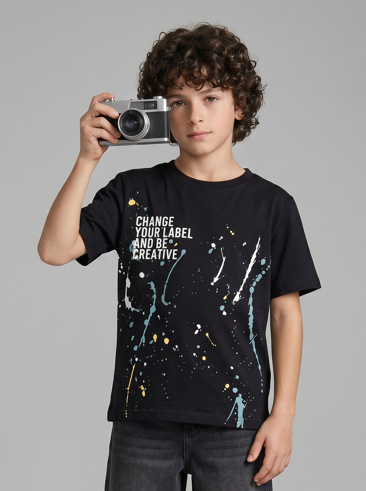 Boys' Black Graphic Printed T-Shirt | Creative Splash Design