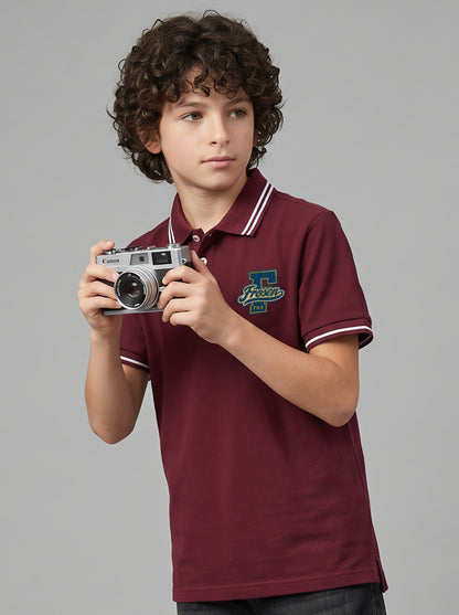 Boys' Maroon Solid Polo T-Shirt | Contrast Stripe Collar & Sleeve Detail