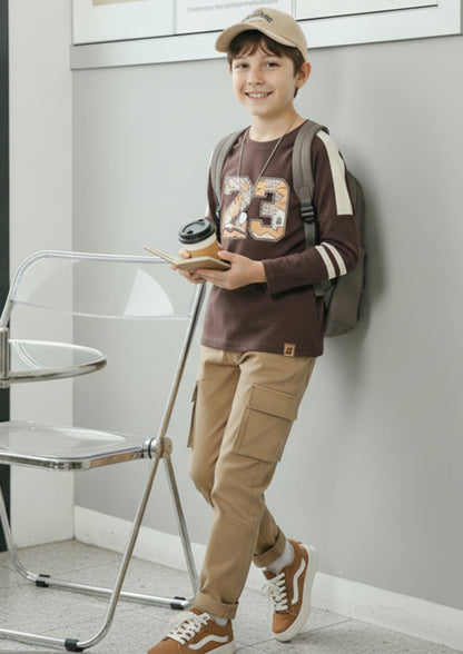 Boys Brown Graphic Print Long Sleeve T-Shirt with Contrast Sleeve Panels