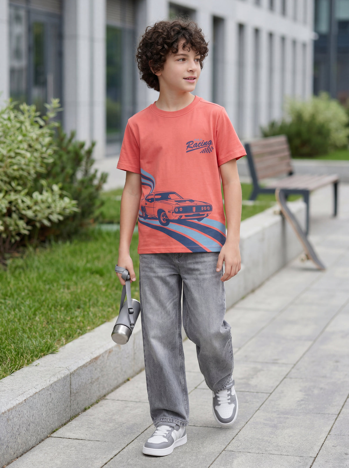 Boys' Coral Red Graphic Printed T-Shirt | Racing Car Design