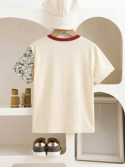 Boys Cartoon Patch Pocket T-Shirt – Colorblock Short Sleeve Graphic Tee