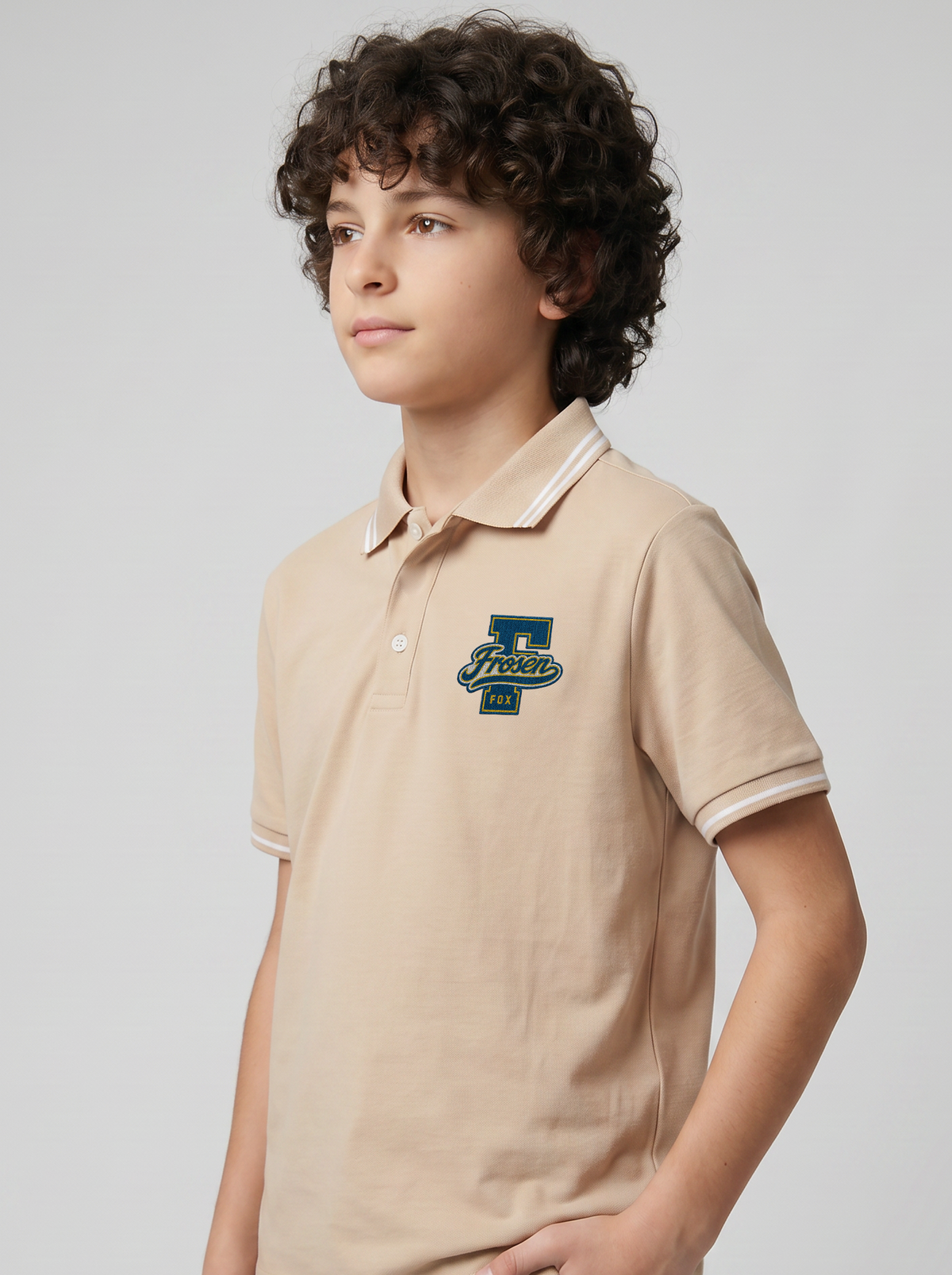 Boys' Beige Polo T-Shirt | Contrast Stripe Collar & Chest Graphic
