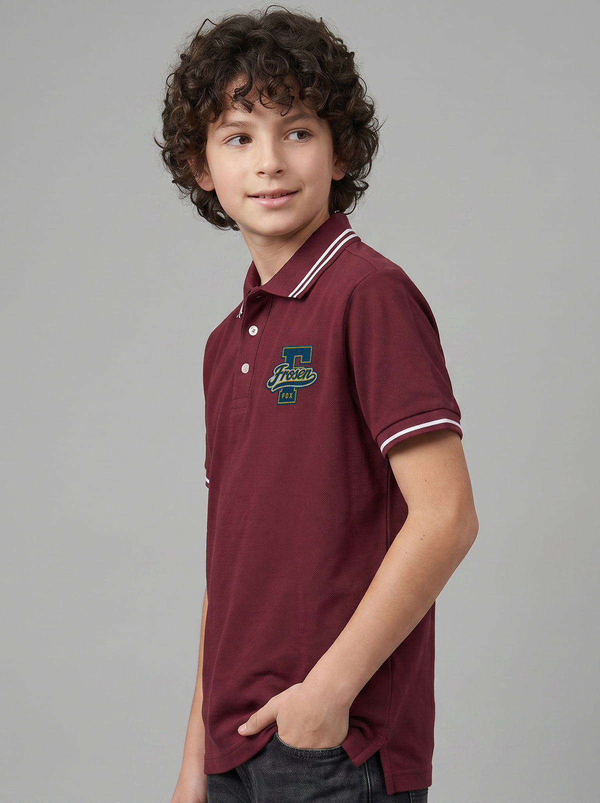 Boys' Maroon Solid Polo T-Shirt | Contrast Stripe Collar & Sleeve Detail