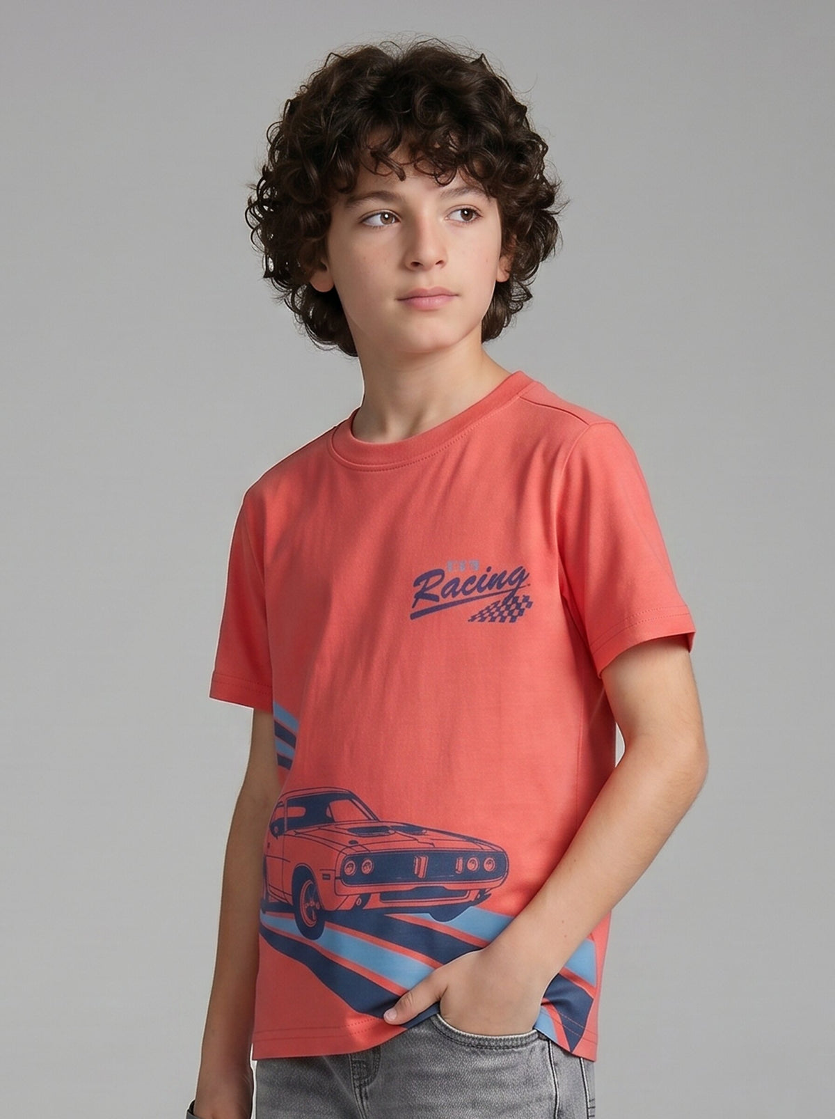 Boys' Coral Red Graphic Printed T-Shirt | Racing Car Design