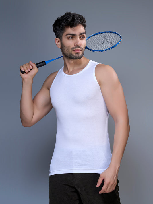 Men’s White Cotton Vest – Slim Fit Sleeveless Sports &amp; Gym Vest