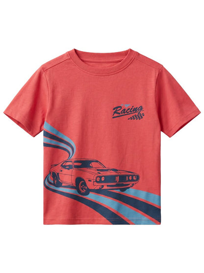 Boys' Coral Red Graphic Printed T-Shirt | Racing Car Design