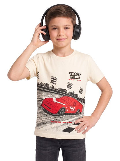 Kids' Cream Racing Car Graphic T-Shirt | Casual Everyday Wear
