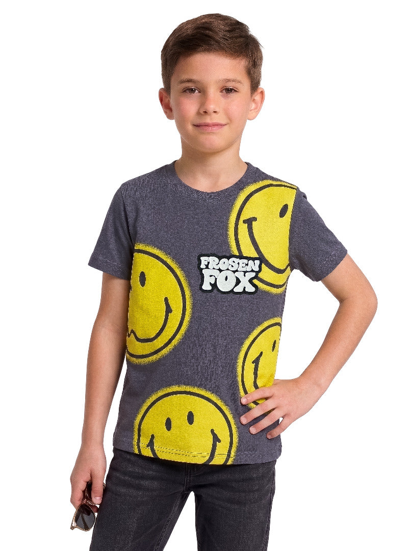 Kids' Charcoal Grey Smiley Graphic Printed T-Shirt | Fun Casual Everyday Wear