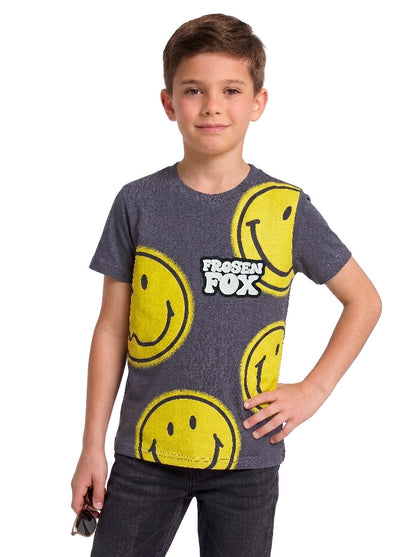 Kids' Charcoal Grey Smiley Graphic Printed T-Shirt | Fun Casual Everyday Wear