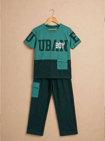 Kids' Teal and Dark Mint Colorblock Graphic T-Shirt and Cargo Track Pants Set