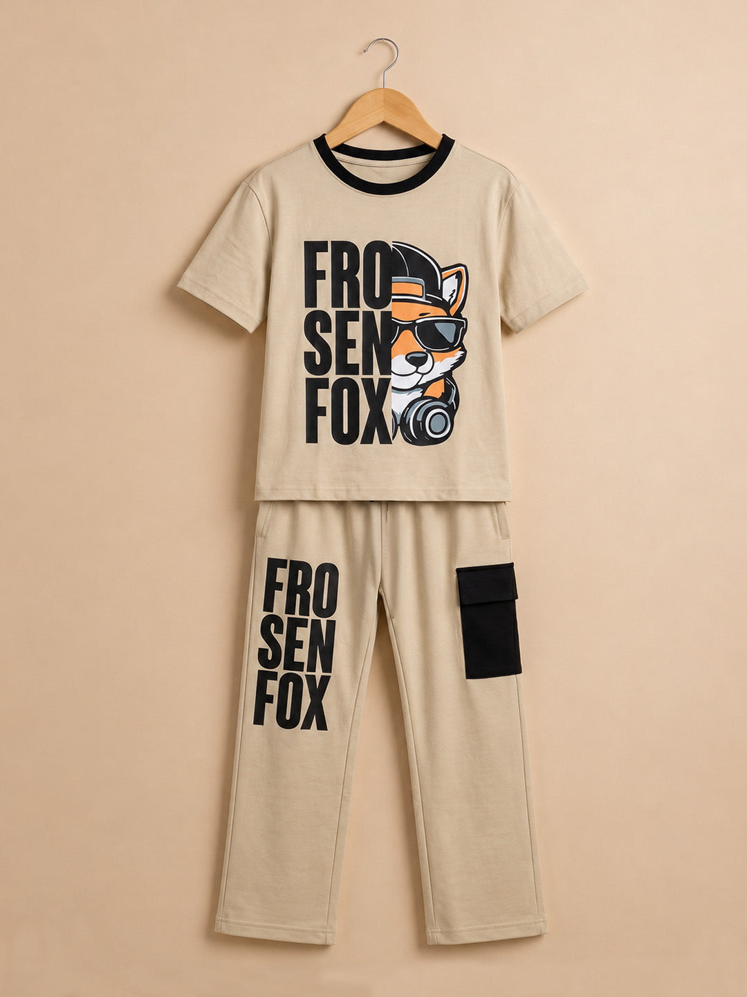 Kids' Beige "FROSEN FOX" Graphic Printed T-Shirt and Cargo Track Pants Set