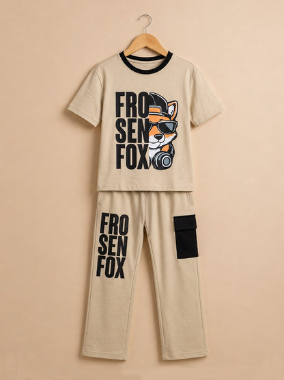 Kids' Beige "FROSEN FOX" Graphic Printed T-Shirt and Cargo Track Pants Set