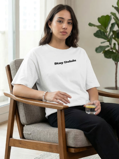 Women’s Oversized White Tshirt – Stay Delulu Graphic Tee